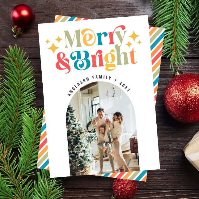 Chic Colourful Retro Merry & Bright Christmas Phot Holiday Card (Creator Uploaded)