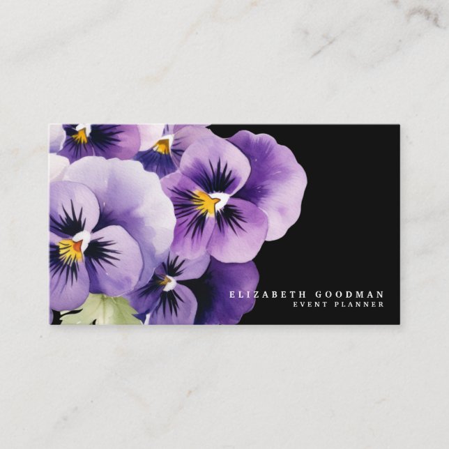 Chic Colourful Spring Pansies Black Business Cards (Front)