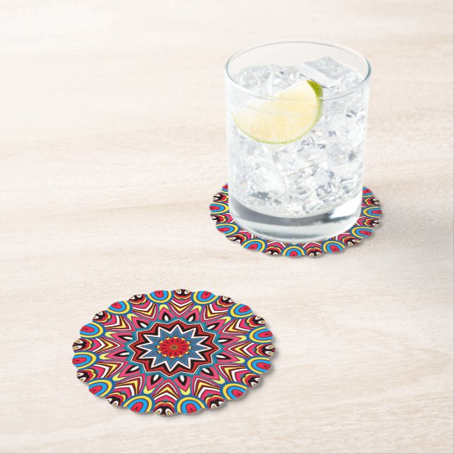 Chic Colourful Star Mosaic Kaleidoscope Art Patter Paper Coaster (Insitu)