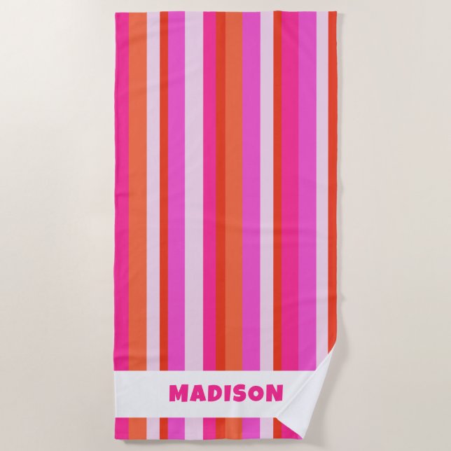 Chic Colourful Stripes Monogram Name Summer Beach Towel (Front)