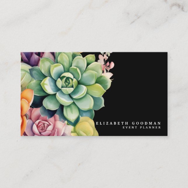 Chic Colourful Succulents Black Business Cards (Front)