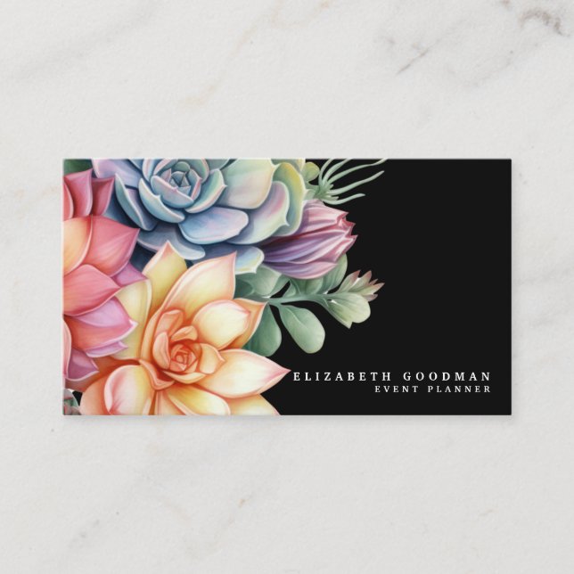 Chic Colourful Succulents Black Business Cards (Front)