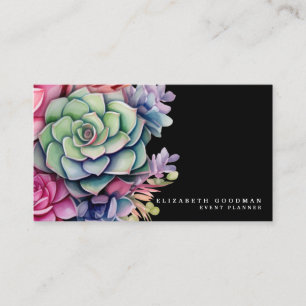 Chic Colourful Succulents Black Business Cards