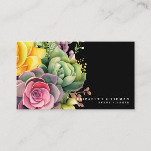 Chic Colourful Succulents Black Business Cards