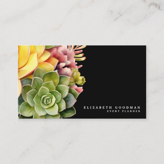 Chic Colourful Succulents Black Business Cards (Front)