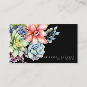 Chic Colourful Succulents Black Business Cards