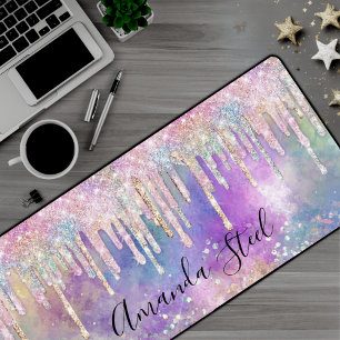 Chic colourful unicorn dripping glitter desk mat
