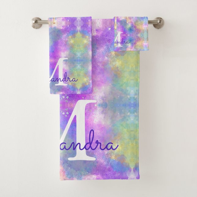 Chic colourful unicorn dripping glitter monogram bath towel set (Insitu)
