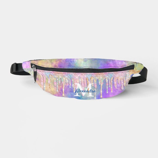 Chic colourful unicorn dripping glitter monogram bum bags (Front)