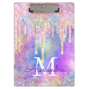 Chic colourful unicorn dripping glitter monogram clipboard