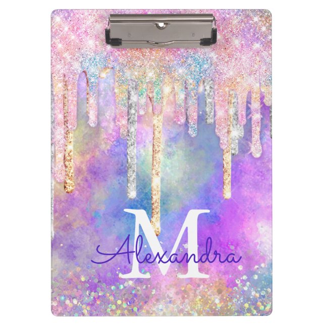 Chic colourful unicorn dripping glitter monogram clipboard (Front)