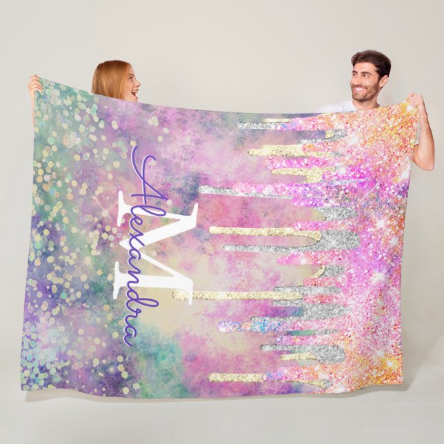 Chic colourful unicorn dripping glitter monogram fleece blanket (In Situ)