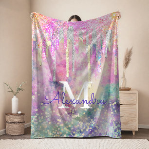 Chic colourful unicorn dripping glitter monogram fleece blanket