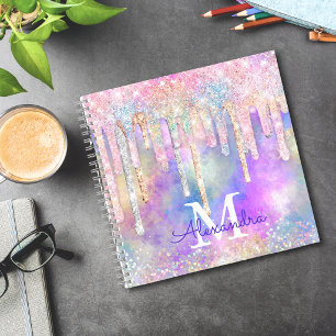 Chic colourful unicorn dripping glitter monogram notebook