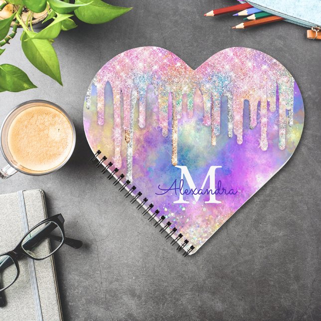 Chic colourful unicorn dripping glitter monogram notebook (Creator Uploaded)