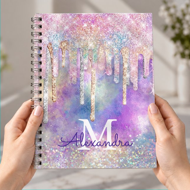 Chic colourful unicorn dripping glitter monogram notebook (Creator Uploaded)