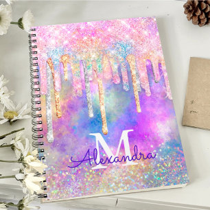 Chic colourful unicorn dripping glitter monogram notebook