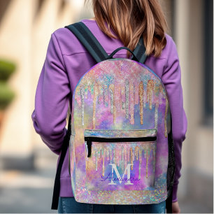 Chic colourful unicorn dripping glitter monogram printed backpack
