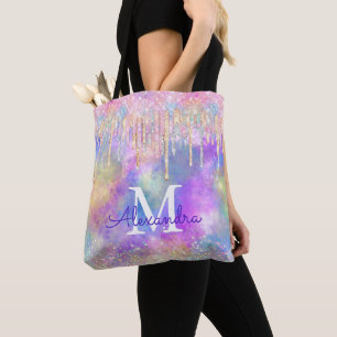 Chic colourful unicorn dripping glitter monogram tote bag