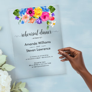 Chic colourful wildflowers wedding rehearsal dinne acrylic invitations