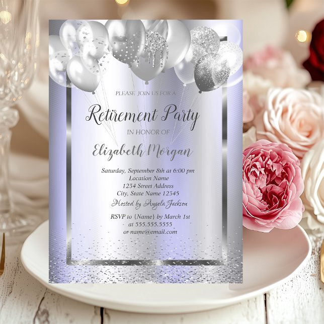 Chic Confetti Balloons Violet Metallic Retirement  Invitation (Creator Uploaded)