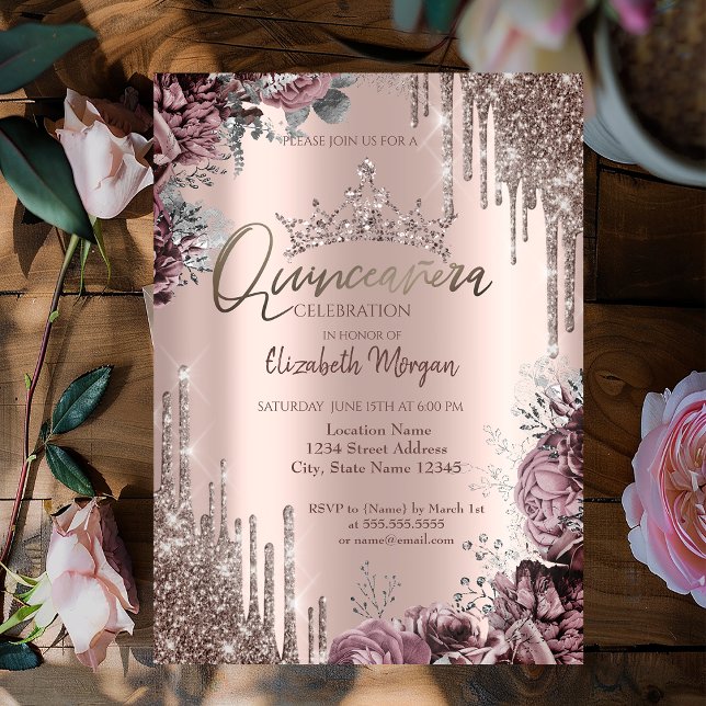 Chic Cool Glitter Crown Drop Dark Roses Invitation (Creator Uploaded)
