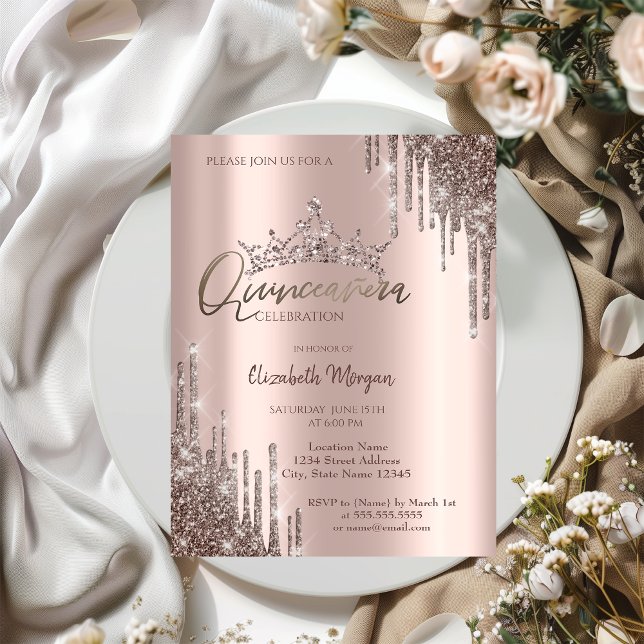 Chic Cool Glitter Crown Drop Quinceañera   Invitation (Creator Uploaded)