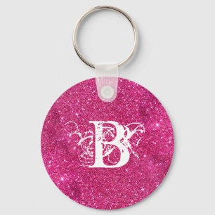 Chic Cool Pink Glitter White Initial Monogram Key Ring