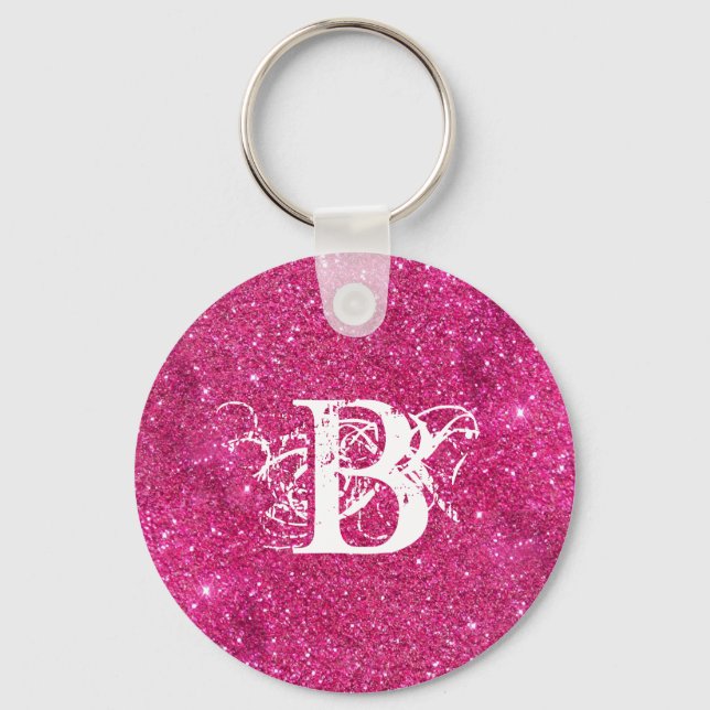 Chic Cool Pink Glitter White Initial Monogram Key Ring (Front)