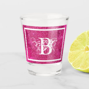 Chic Cool Pink Glitter White Initial Monogram Shot Glass