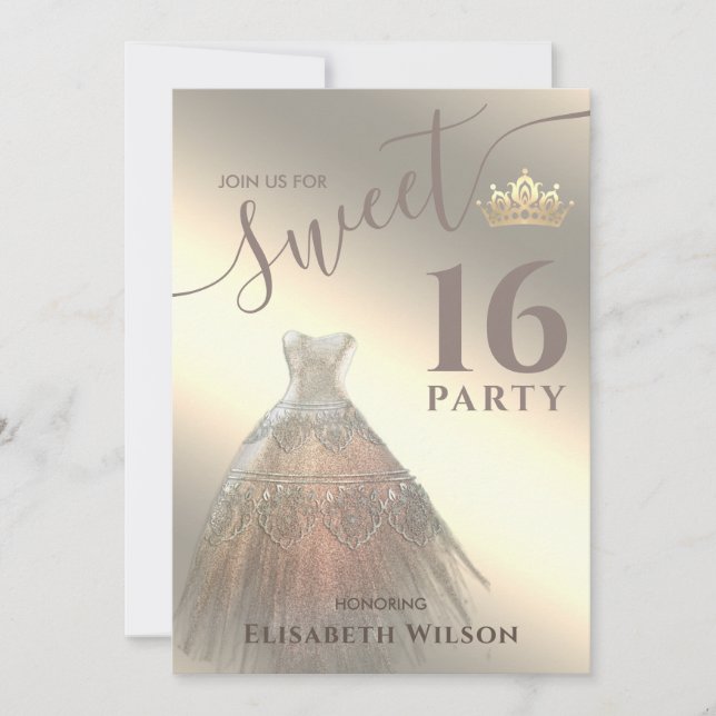 Chic Cool shiny gold dress tiara sweet 16 Invitation (Front)