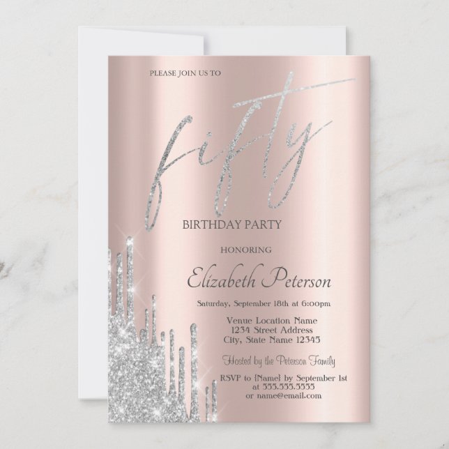 Chic Cool Silver Glitter Drips 50th Birthday  Invitation (Front)