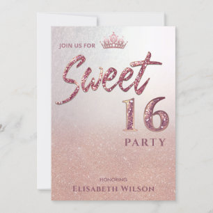 Chic Cool typography rose gold tiara sweet 16  Invitation