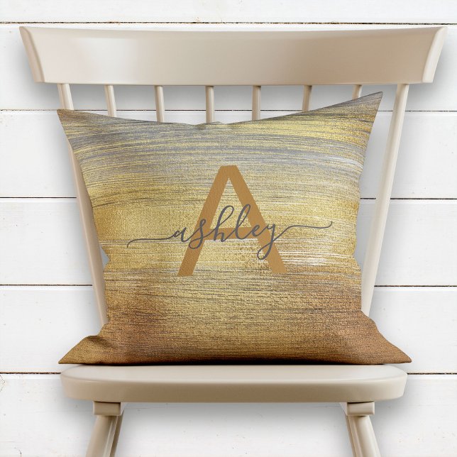 Chic Copper Bronze Gold Foil Name Monogram Cushion (Creator Uploaded)