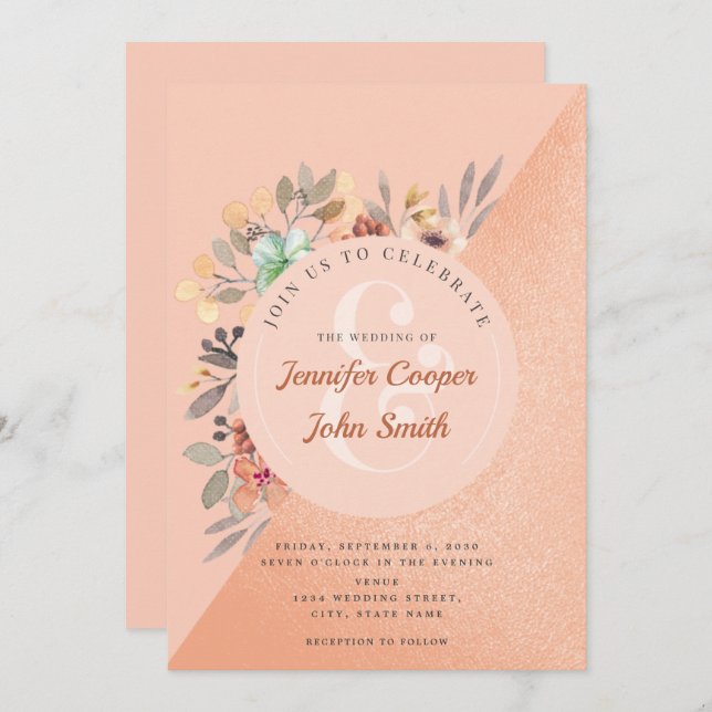 Chic Copper Watercolor Floral Wedding Invitation (Front/Back)