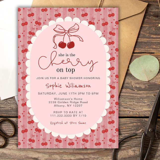 Chic Coquette Bow Cherry On Top Girl Baby Shower  Invitation (Creator Uploaded)