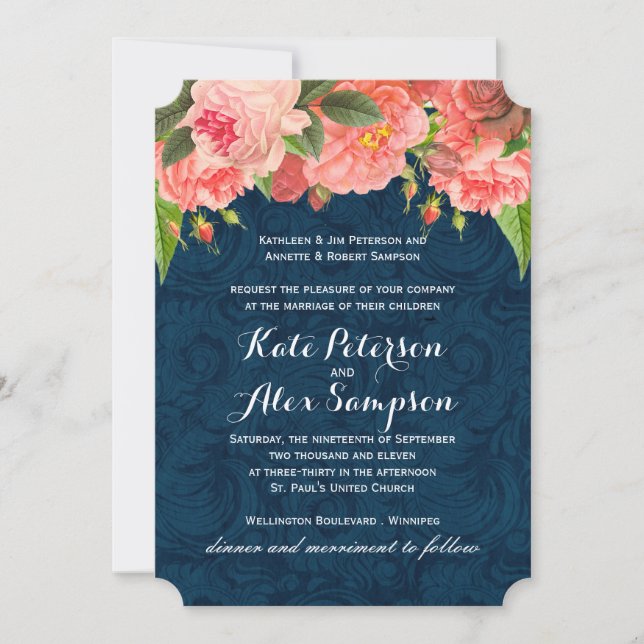 Chic Coral and Navy Blue Wedding Invitation (Front)