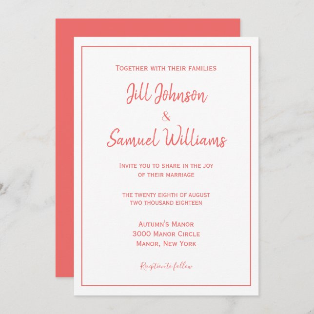 Chic Coral and White Wedding Invitation (Front/Back)