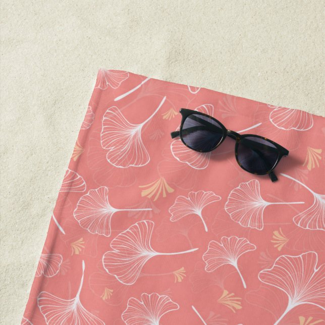 Chic Coral Ginkgo Leaves Monogram Beach Towel (In Situ)