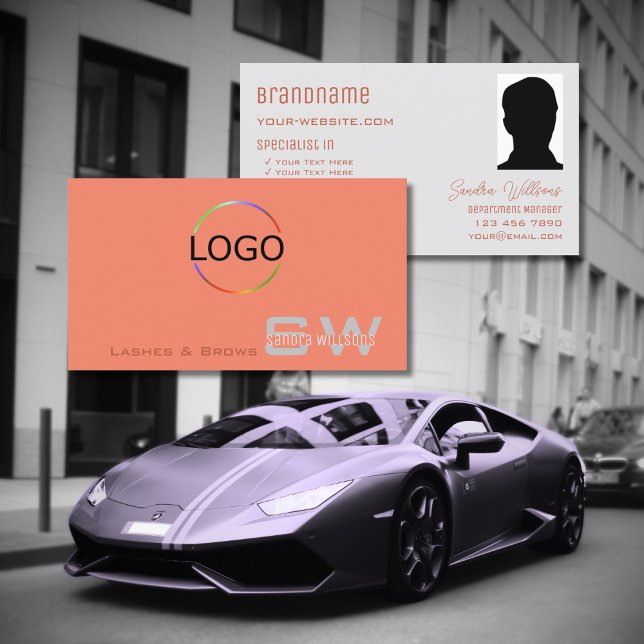 Chic Coral Light Grey with Monogram Logo and Photo Business Card (Creator Uploaded)