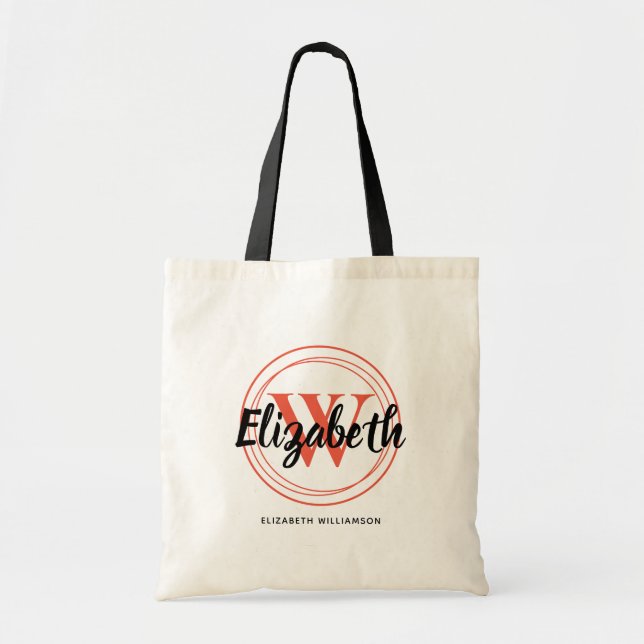 Chic Coral Monogram Initial Script Name Tote Bag (Front)