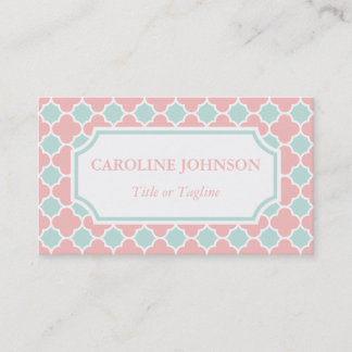 Chic Coral Pink Mint Green White Quatrefoil Business Card