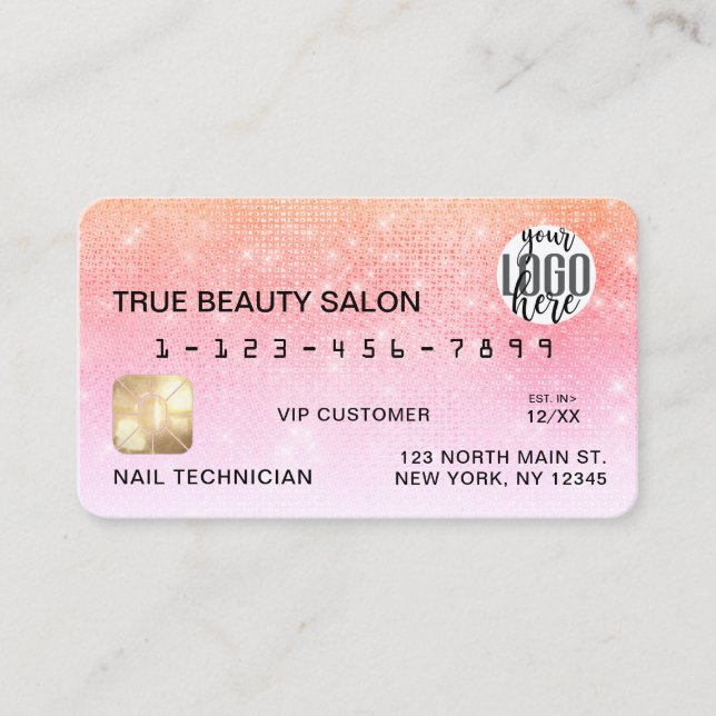 Chic Coral Pink Sequin Glitter Credit Card Logo (Front)
