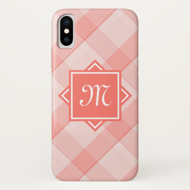 Chic Coral Plaid With Modern Diagonal Monogram Case-Mate iPhone Case (Back)