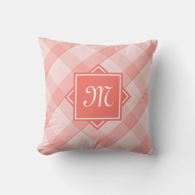 Chic Coral Plaid With Modern Diagonal Monogram Cushion (Front)