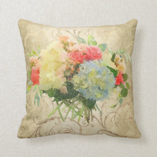 Chic Coral Rose Blue Hydrangea Floral Gold Damask Cushion