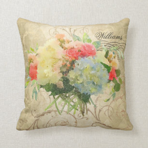 Chic Coral Rose Blue Hydrangea on Shiny Gold Name Cushion