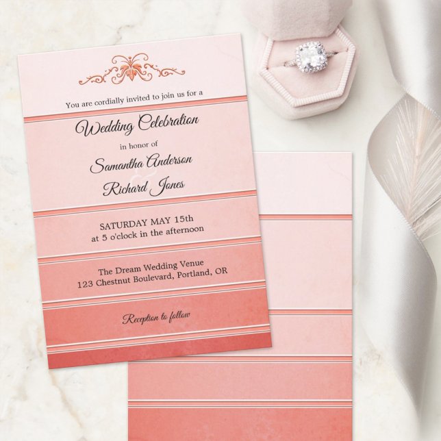 Chic Coral Striped Ton sur Ton Wedding Invitation (Creator Uploaded)