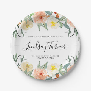 Chic Coral Watercolor Flowers Graduation Paper Plate