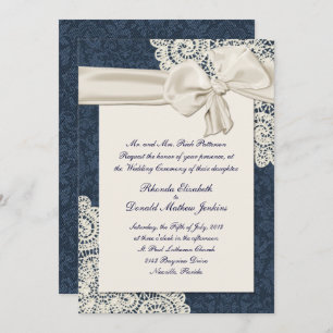 Chic Country Denim Damask & Ivory Lace Wedding Invitation